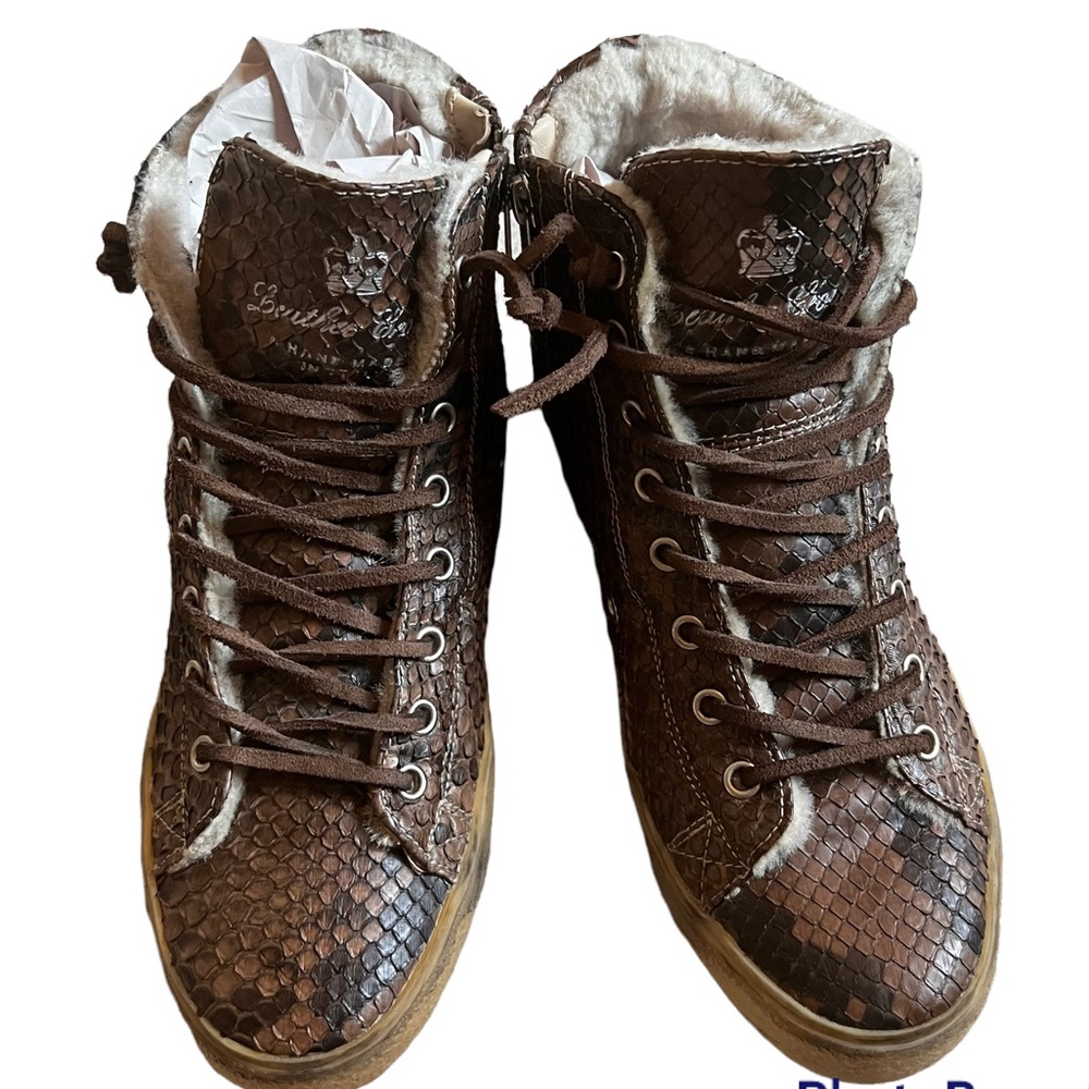 Leather Crown Snakeskin Fur Lined Lace Up High Top Sneakers 8